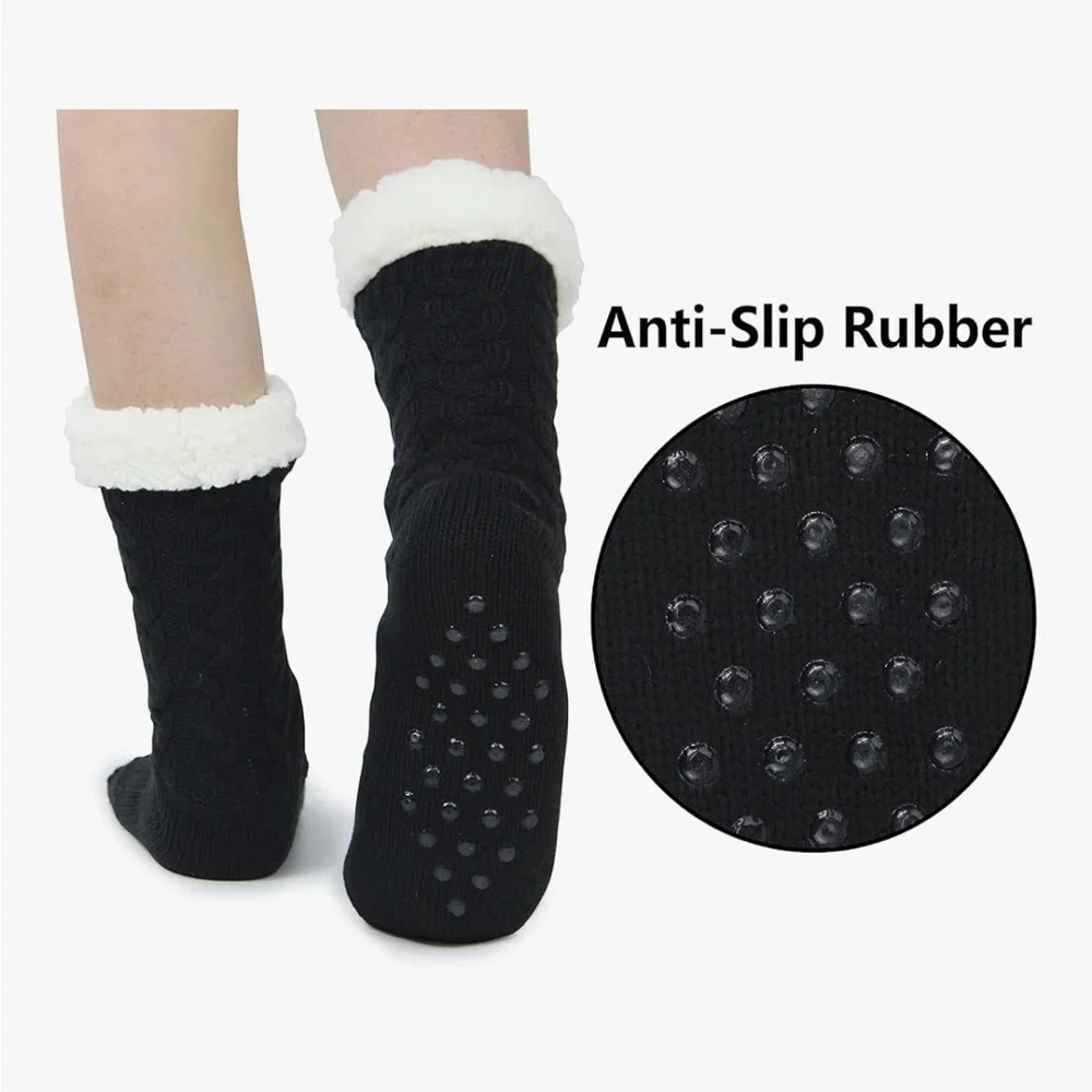 Cozy Black Knit Socks with White Fleece Lining Non Slip